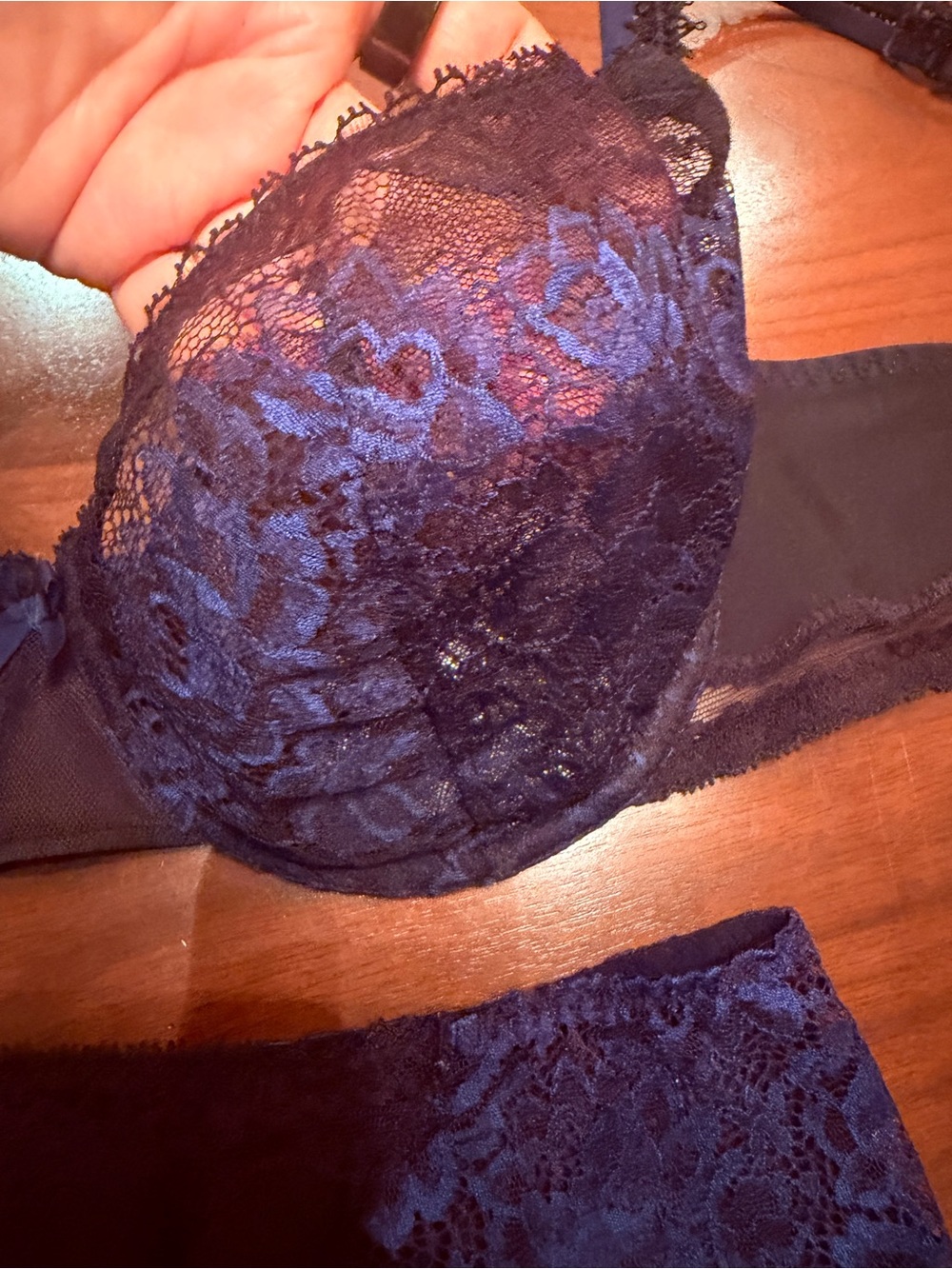 Simone Perele 34D. L panty Blue Lace Underwire Bra & Lace Bikini Panty Set -
